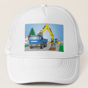 Gorra De Camionero Straßenbaustelle mit blauem LKW und gelben Bagger