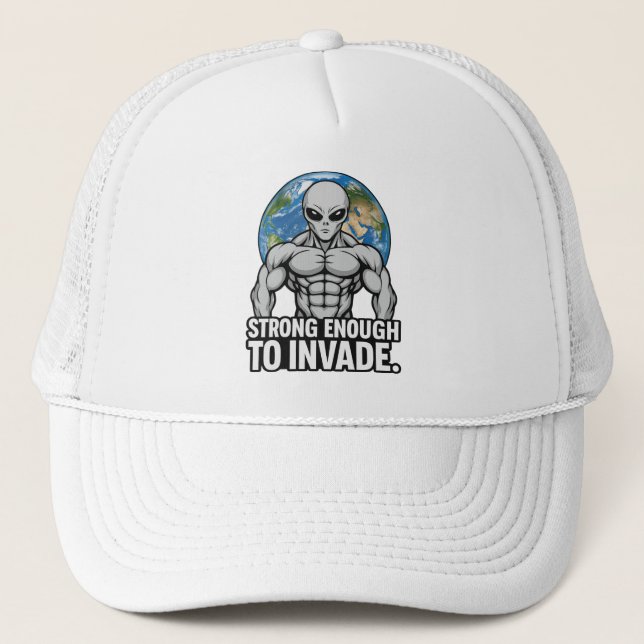 Gorra De Camionero Strong Enough to Invade — Buff Grey Alien (Anverso)