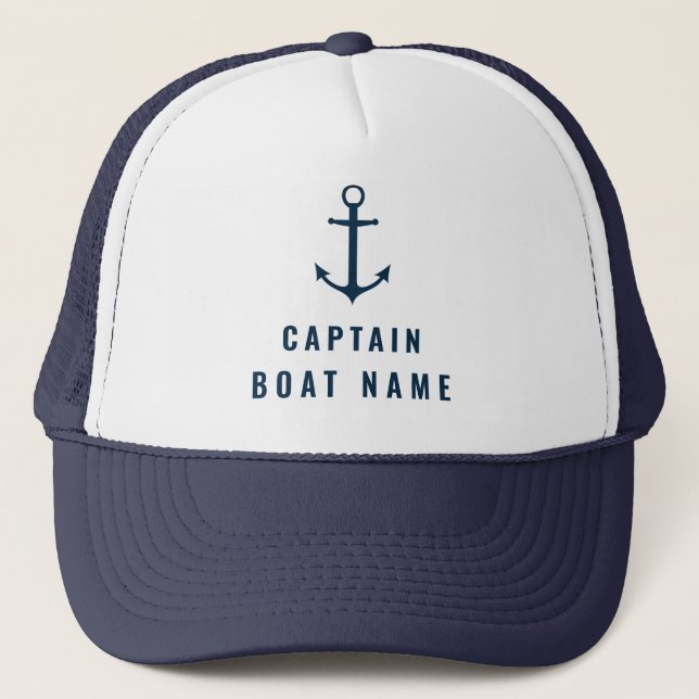 Gorra De Camionero Su nombre de barco Capitán de Anclaje Blanco Azul  (Anverso)