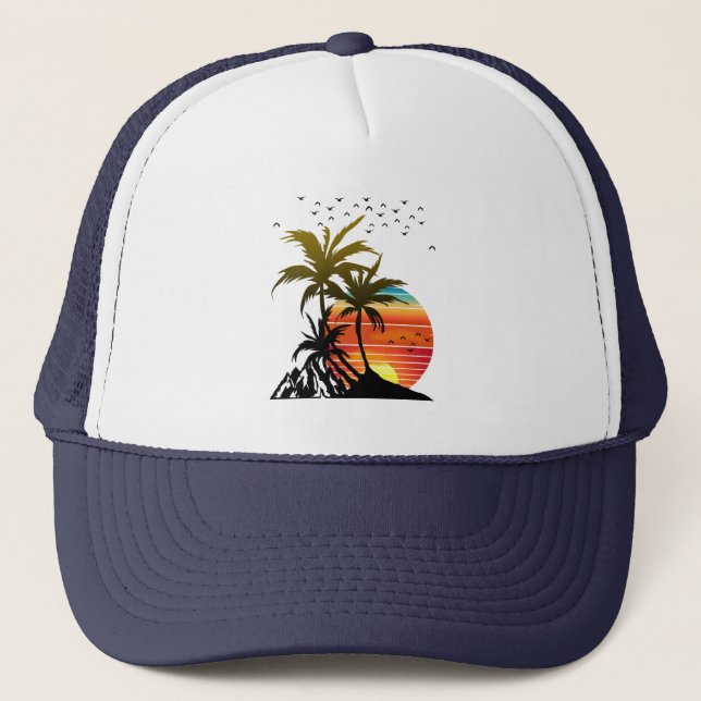 Gorra De Camionero Sunset de la montaña Retro Palm Trees  (Anverso)