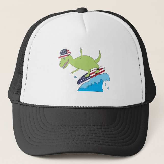 Gorra De Camionero Surfing de la Bandera Americana de Dinosaurios (Anverso)