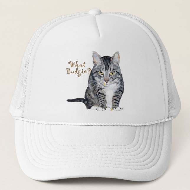 Gorra De Camionero Tabby Cat Pregunta: ¿Qué Budgie? (Anverso)