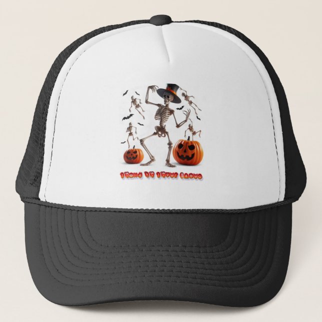 Gorra De Camionero Tapón de calabaza y esqueleto de Halloween (Anverso)