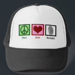 Gorra De Camionero Tarjeta de Laboratorio Forense del Departamento de<br><div class="desc">Si la ciencia forense les resulta fascinante,  es un gorra genial para un científico forense. Presenta un signo de paz,  corazón y huellas dactilares para un detective en la investigación del lugar del crimen. Peace Love Forensics gorra.</div>