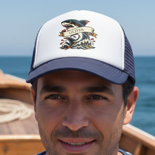 Gorra De Camionero Tatuaje náutico de tiburón retro