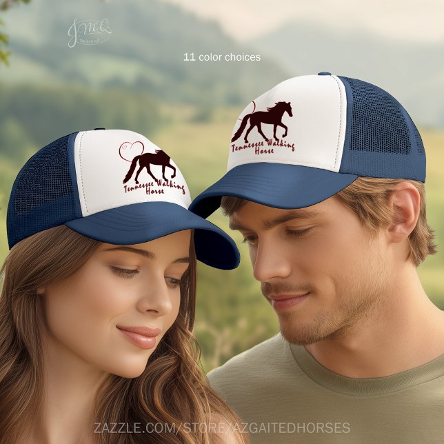 Gorra De Camionero Tennessee Walking Horse Silhouette Heart (Trucker hat with Tennessee Walker silhouette, heart outline, and text “Tennessee Walking Horse.")