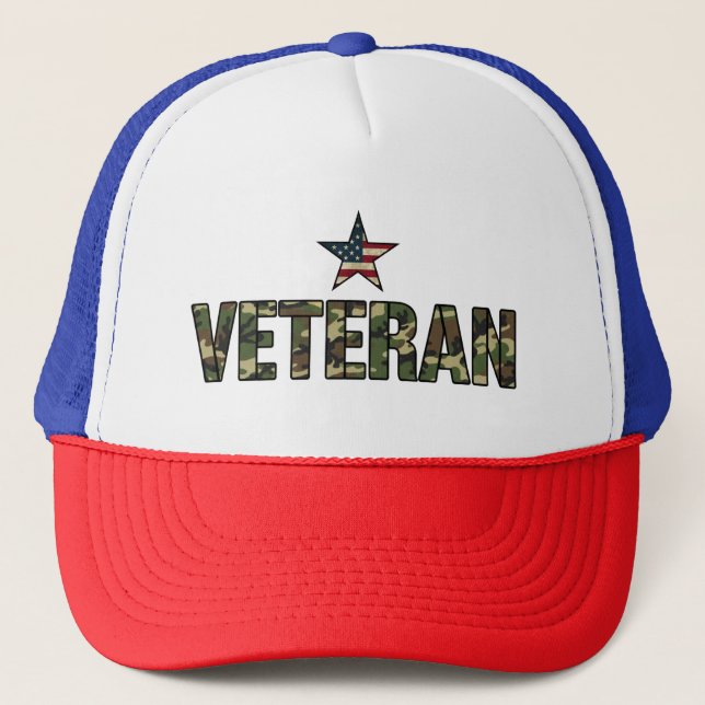 Gorra De Camionero Texto de camuflaje de veterano de EE. UU.  (Anverso)