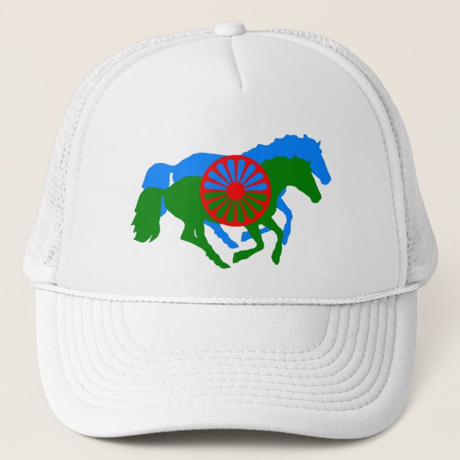 Gorra De Camionero Texto de la bandera gitana romaní y caballo  (Anverso)