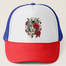 Gorra De Camionero Tigre blanco con rosas rojas - Floral de vida salv