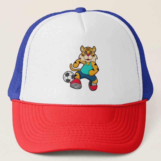 Gorra De Camionero Tigre como jugador de fútbol con balón de fútbol (Anverso)