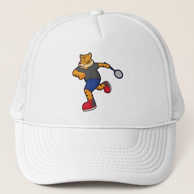 Gorra De Camionero Tigre como jugador de tenis con raqueta de tenis (Anverso)