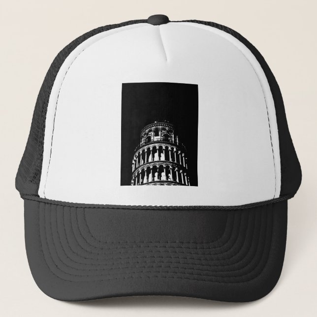Gorra De Camionero Torre de Pisa Italia de inclinación blanca negra (Anverso)