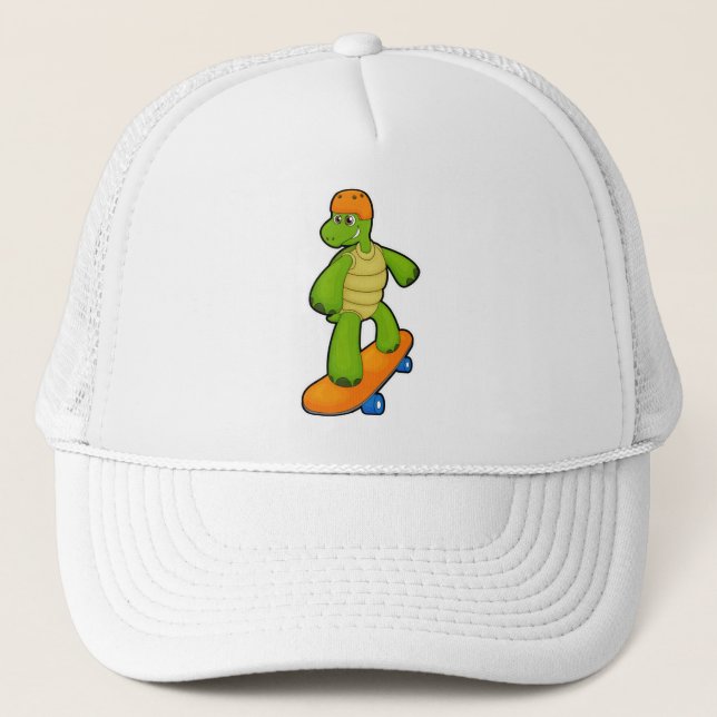 Gorra De Camionero Tortuga como Skateboarder con Skateboard y Casco (Anverso)