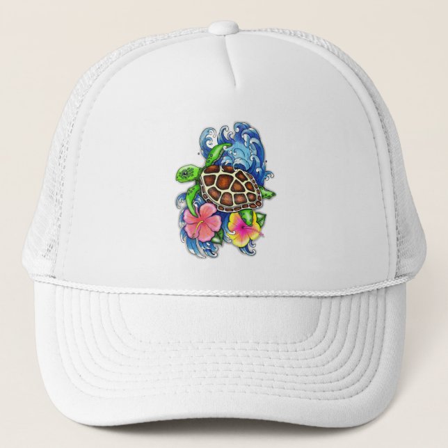 Gorra De Camionero Tortuga tropical marina e Hibiscus (Anverso)