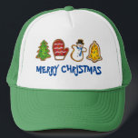 Gorra De Camionero Tree Mitten Snowman Bell Merry Christmas Cookie<br><div class="desc">Presenta un ilustracion de marca original de una variedad clásica de Navidades de galletas azucaradas, con MERRY CHRISTMAS en una fuente divertida. ¡Perfecto para los Navidades! Este diseño también está disponible en otros productos. ¿No ves lo que estás buscando? ¿Necesita ayuda con la personalización? Contacte con Rebecca para que tenga...</div>