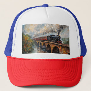 Gorra De Camionero Tren de vapor en un puente - pintura al petróleo