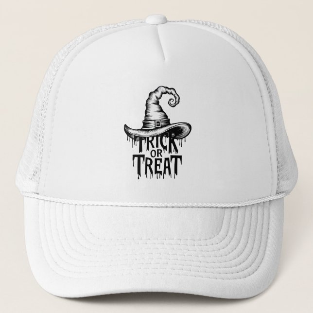 Gorra De Camionero Truco o trato simple en blanco y negro (Anverso)