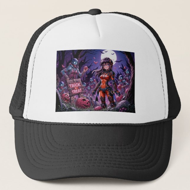 Gorra De Camionero Truco o Trato Zombies de Halloween repartiendo Cer (Anverso)