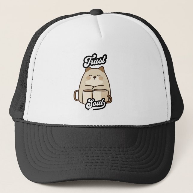 Gorra De Camionero Trust Soul – Gato Kawaii y Tazas Zen (Anverso)