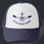 Gorra De Camionero Tu Nombra Nautical Anchor Cruzó La Armada De Oars<br><div class="desc">Un Ancla Náutica y Oars cruzados con tu nombre de barco personalizado u otro texto en azul marino sobre un elegante sombrero de camionero.</div>