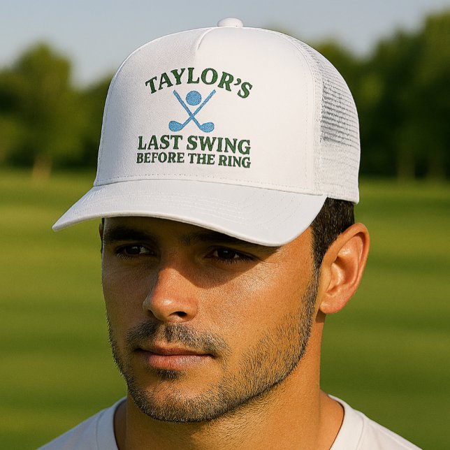 Gorra De Camionero Último Swing antes del Golf Bachelor Anillo (Last Swing Before The Ring Golf Bachelor Trucker Hat
by Ricaso.  Fun for groom to be and his crew)