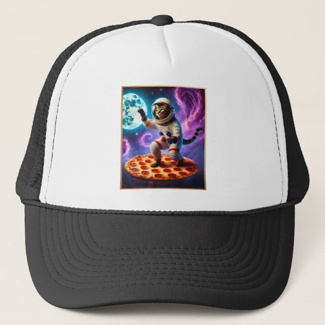 Gorra De Camionero Un Gato Gracioso Volando Un Astronauta De Pizza En (Anverso)