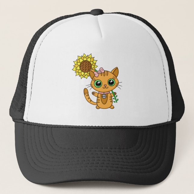 Gorra De Camionero Un gato Naranja kawaii con girasol (Anverso)