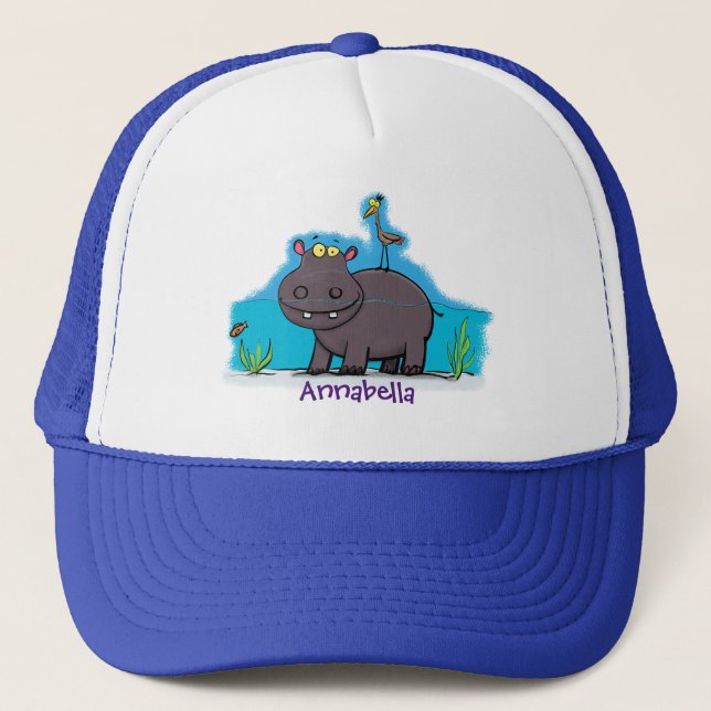 Gorra De Camionero Un gracioso hipopótamo con personalizado de pájaro (Anverso)