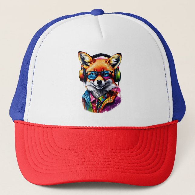 Gorra De Camionero Un zorro con audífonos y gafas (Anverso)