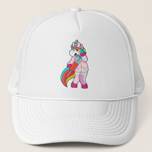 Gorra De Camionero Unicornio como enfermera en vacunación y jeringas (Anverso)