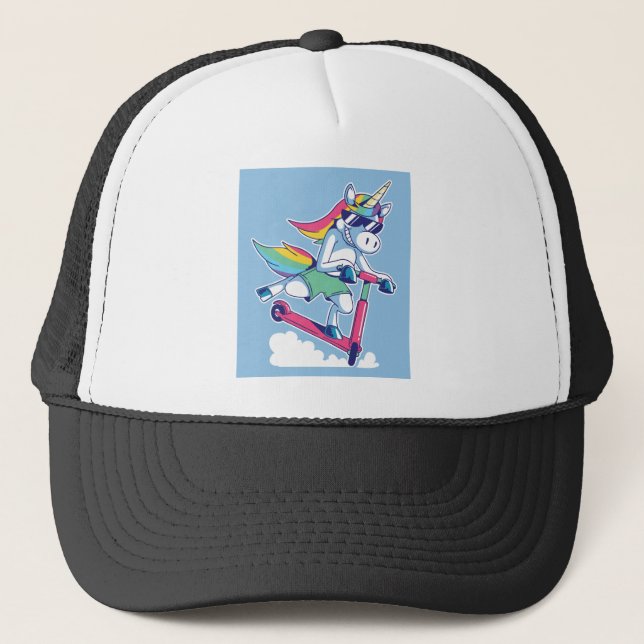 Gorra De Camionero Unicornio en un Scooter (Anverso)