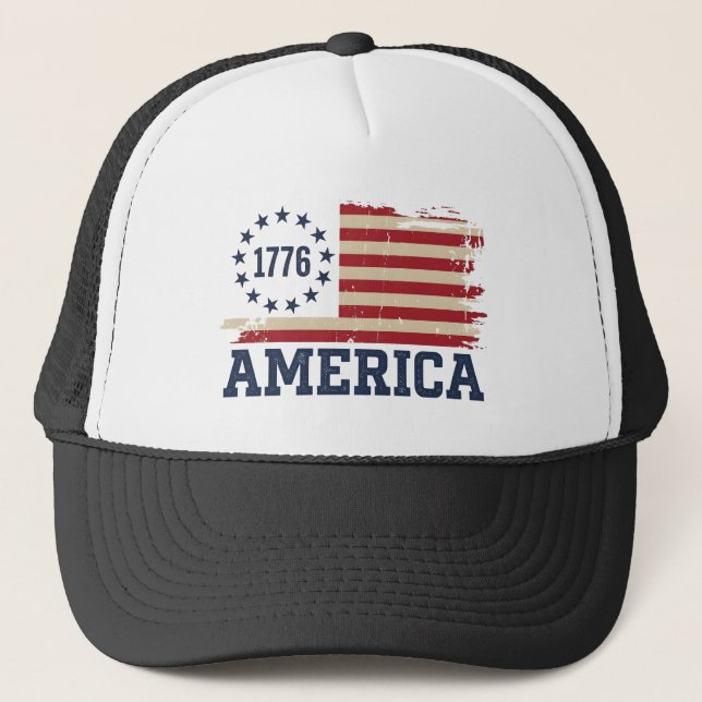 Gorra De Camionero USA Vintage 1776 America Distressed Flag (Anverso)