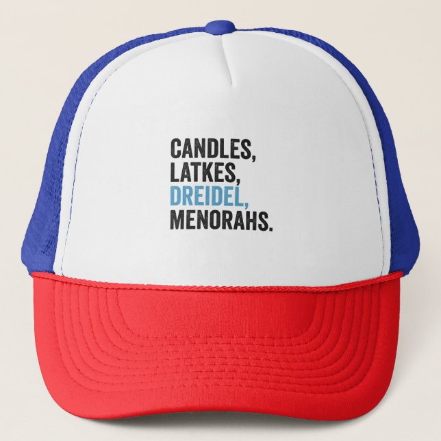 Gorra De Camionero Velas Latkes Dreidel Menorahs Funny Hanukkah Jew (Anverso)