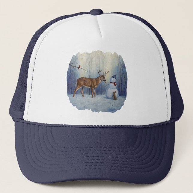 Gorra De Camionero Venado y feliz invierno de Snowman (Anverso)