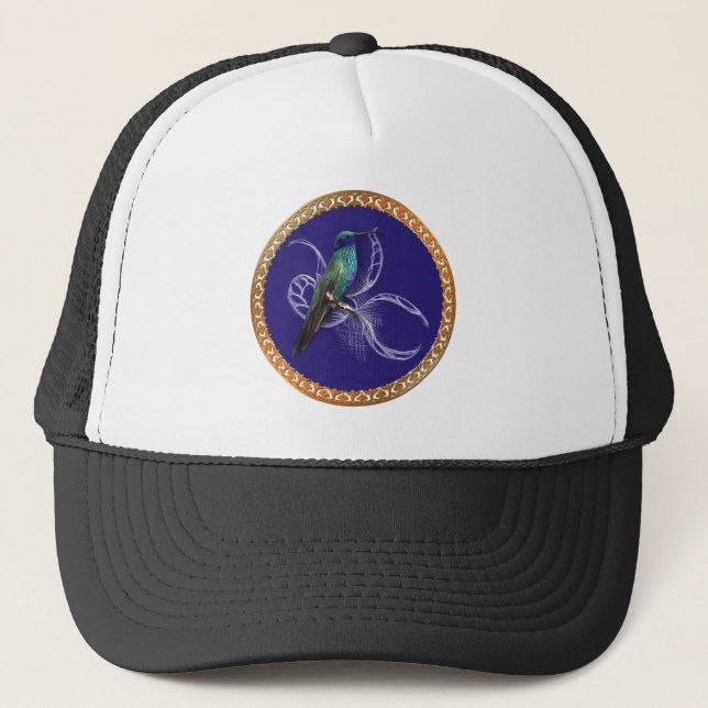 Gorra De Camionero Verde turquesa y azul con colibrí púrpura (Anverso)
