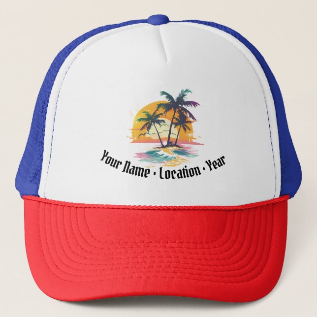 Gorra De Camionero Vibes tropicales de atardecer - Palmeras y diseño  (Anverso)