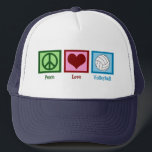 Gorra De Camionero Voleibol de amor por la paz<br><div class="desc">Una señal de paz,  un corazón y un voleibol de bonito en una plaza azul. Me encanta el voleibol,  la playa,  el interior,  ¡tú lo llamas!</div>