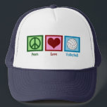 Gorra De Camionero Voleibol de amor por la paz<br><div class="desc">Una señal de paz,  un corazón y un voleibol de bonito en una plaza azul. Me encanta el voleibol,  la playa,  el interior,  ¡tú lo llamas!</div>
