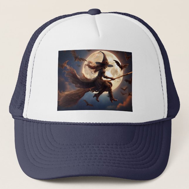 Gorra De Camionero Vuelo en la luna de bruja de Halloween Steampunk (Anverso)
