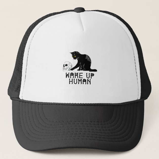 Gorra De Camionero Wake Up Human - Funny Cat With Skull (Anverso)