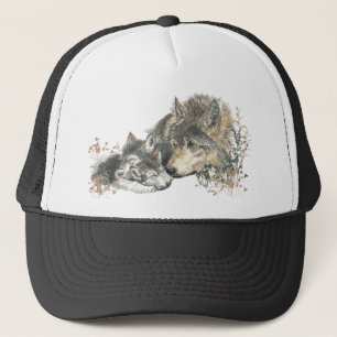 Gorra De Camionero Watercolor Madre Lobo y Cubs Arte Animal