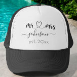 Gorra De Camionero Wedding Engagement Heart Mr Mrs Personalized Name<br><div class="desc">Mr. and Mrs. personalized last name or surname with cute girly heart trucker hat with customized name and established date which makes a personalized and special gift for a wedding,  anniversary,  Christmas or engagement gift.</div>