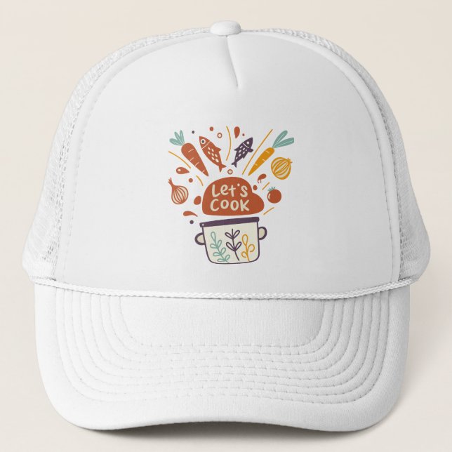 Gorra De Camionero Whimsical Kitchen Scene with "Let's Cook" Text - (Anverso)