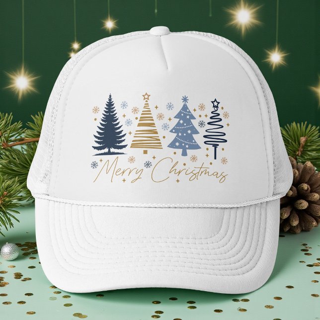 Gorra De Camionero Whimsical Merry Christmas Festive Trees Blue Gold (Subido por el creador)