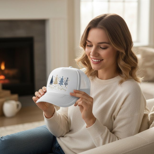 Gorra De Camionero Whimsical Merry Christmas Festive Trees Blue Gold (Subido por el creador)