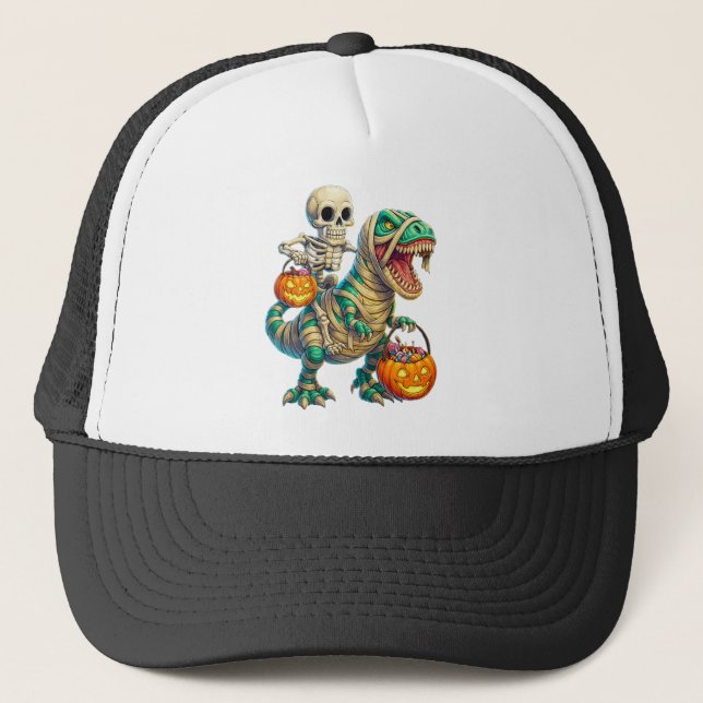 Gorra De Camionero Whimsical Skeleton Riding Mummy T-Rex Halloween (Anverso)