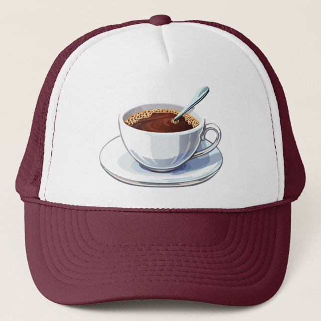 Gorra De Camionero White coffee cup on a saucer filled with coffee (Anverso)