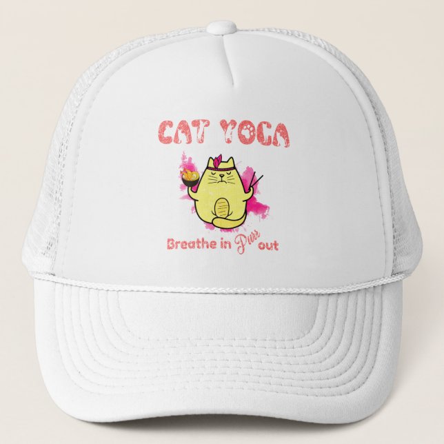 Gorra De Camionero Yoga lindo gato - "Respira, sale" (Anverso)
