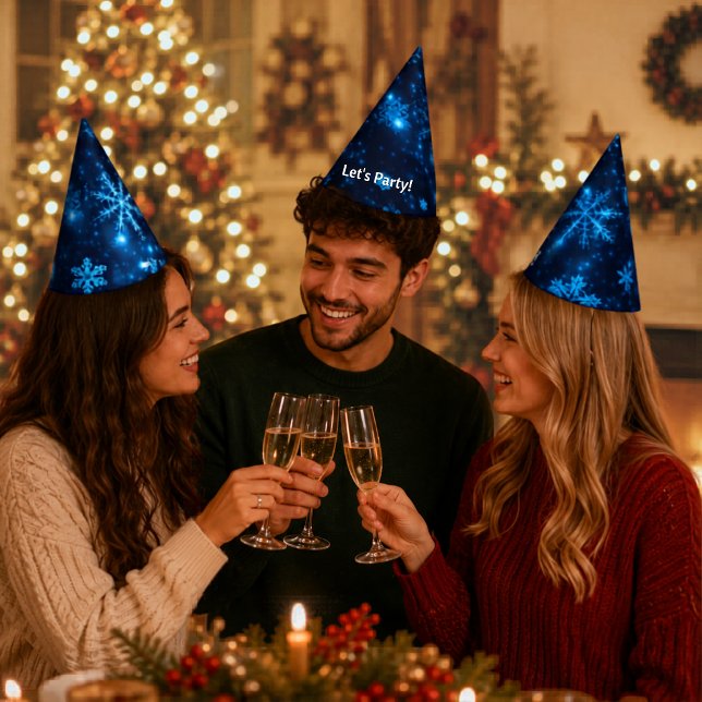 Gorra de fiesta Azul Profundo y Copos de Nieve Bri (Deep Blue & Bright Snowflakes Party Hat)