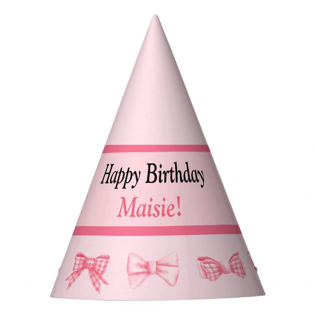Gorra de fiesta de cumpleaños feliz con lazo rosa  (Anverso)